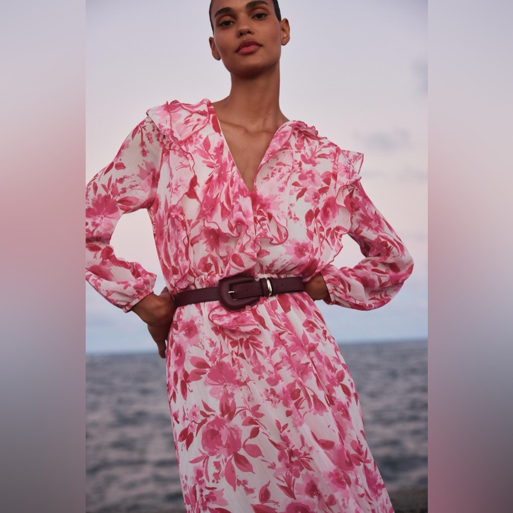 Zara Pink Floral Midi Dress w Belt NWT